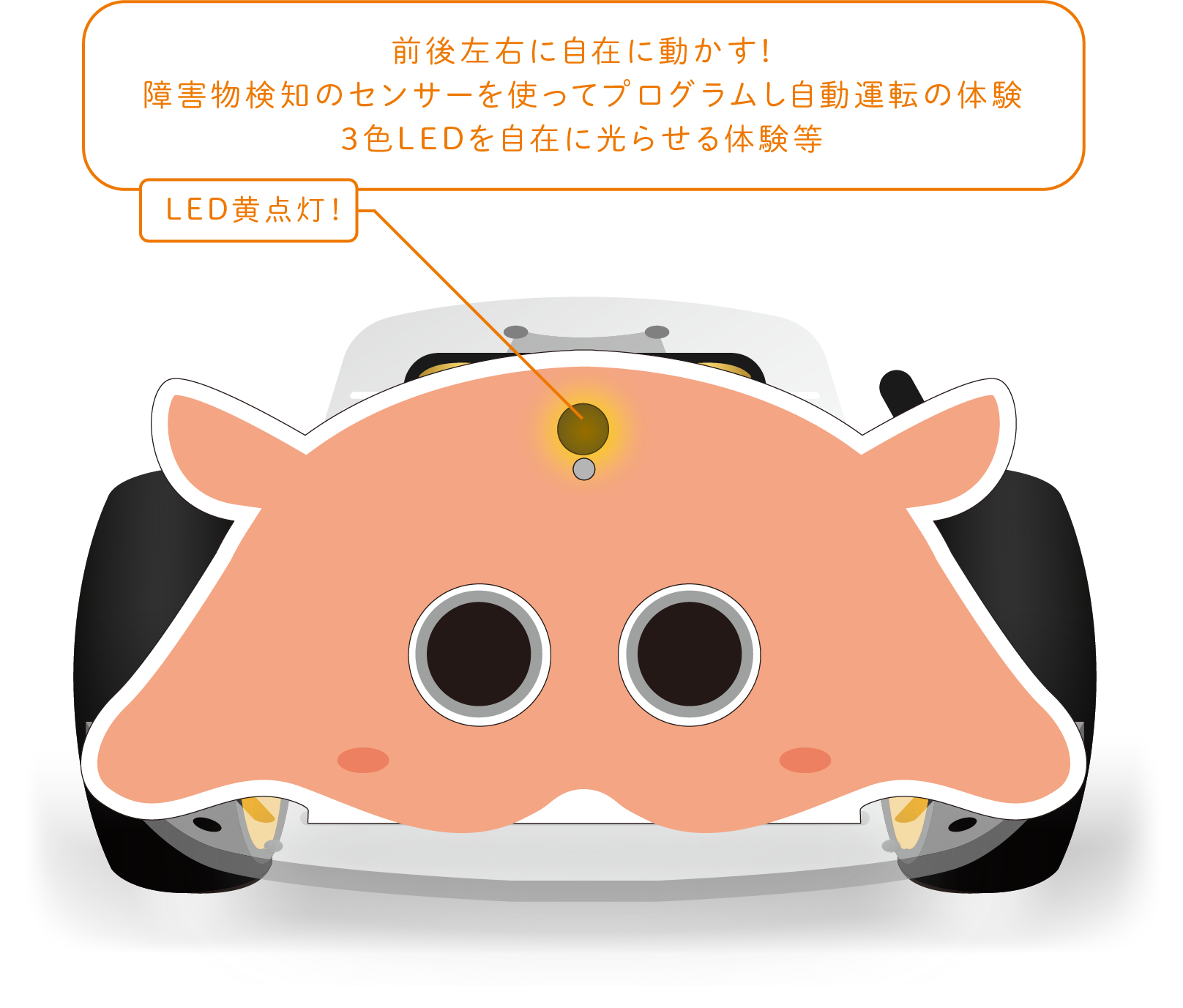 前後左右に自在に動かす！障害物検知のセンサーを使ってプログラムし自動運転の体験。3色LEDを自在に光らせる体験等